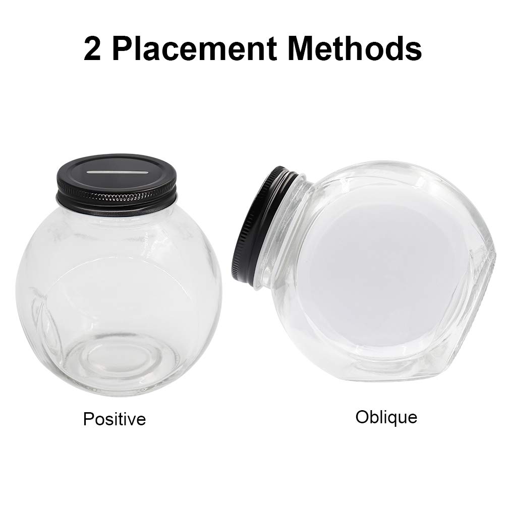 Clear Glass Piggy Bank with Black Slotted Lid, Well Sized Coin Bank, Two Placement Methods Money Tip Coin Jar for Adults Teens Kids Girls Boys