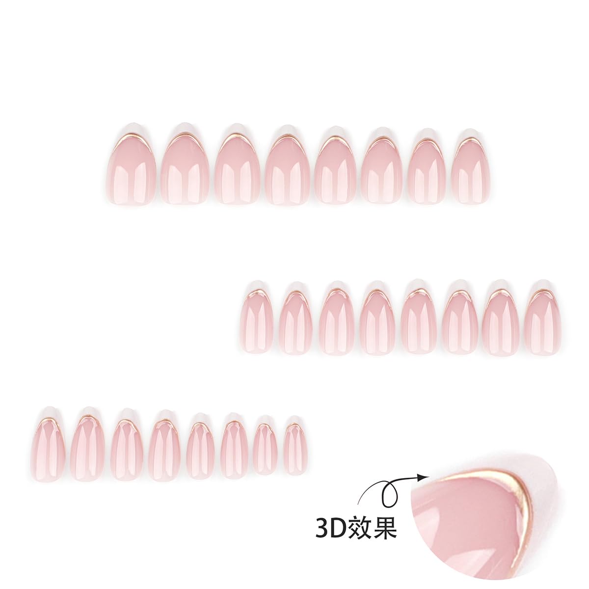Almond Press on Nails Short White French Tip Fake Nails with Chrome Gold Line Designs Glossy Full Cover Glue on Nails Almond Shape Acrylic Nails French False Nails for Women Girls Manicure 24Pcs - Image 3