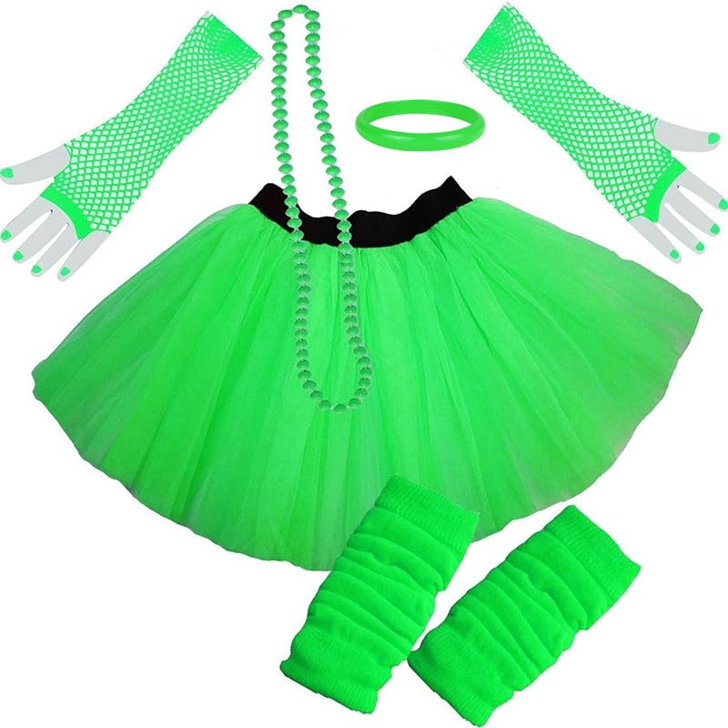 Paper Umbrella Ladies NEON TUTU SKIRT LEGWARMERS GLOVES 5 piece set (UK 8-14, GREEN)