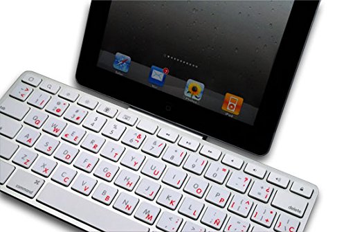 SPANISH APPLE KEYBOARD DECALS WITH BLUE, RED, ORANGE OR WHITE LETTERING ON TRANSPARENT BACKGROUND FOR DESKTOP, LAPTOP AND NOTEBOOK (Red)
