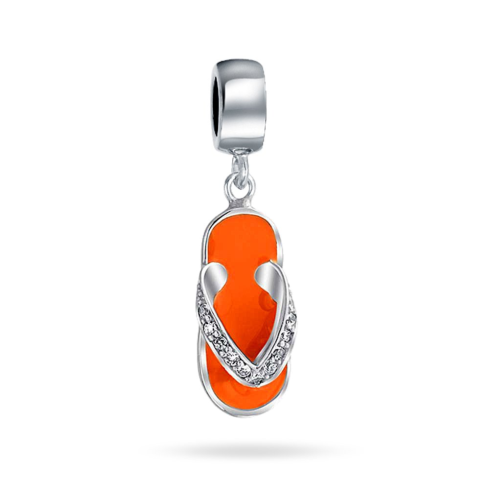 Bling Jewelry Vacation Flip Flop Sandal Orange CZ Dangle Travel Charm Bead For Women Sterling Silver Fits European Bracelet