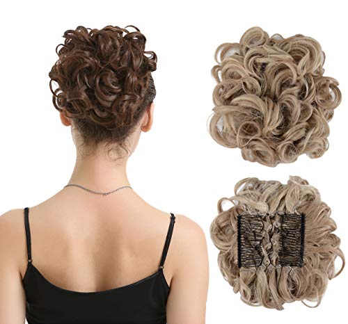 BARSDAR Messy Hair Bun Extension Combs in Easy Stretch Scrunchie Chignon Tray Ponytail Hairpieces for Women/Ladies/Girls (16P-613# Light Honey Blonde & Bleach Blonde)