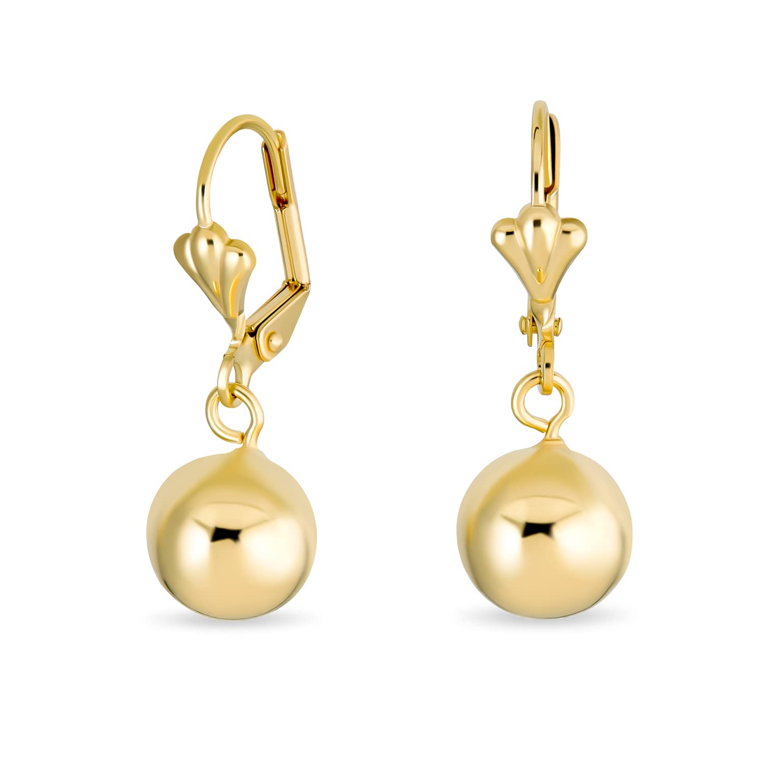 Classic Elegant Simple Round Light Weight Dangle Lever Back Drop Ball Earrings For Women Polished Yellow Gold Plated Brass 8MM