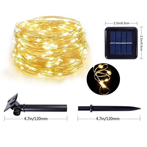 Adecorty Solar String Lights, Outdoor Starry String lights with 100 LEDs 33ft Silver Copper Wire 8 Mode Waterproof for Wedding Garden Home Birthday Party Patio Lawn Trees (Warm White 2 Pack)