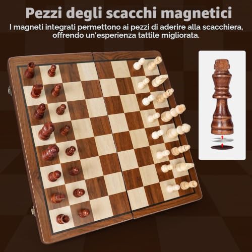 Wooden Chess Board, 2 in 1 Magnetic Chess Board, 39 x 39 cm, Professional Folding Portable Chess Board and Magnetic Checkerboard with Storage Bag, Checkers for Children and Adults Parties