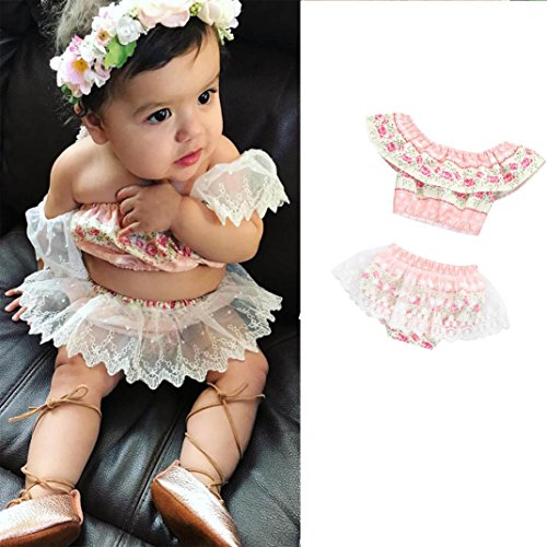 TOOPOOT Baby Kid Mother's Day Romper Jumpsuit - Infant Baby Girls Floral Printing Off Shoulder Lace Tops Shorts Headband Outfits Set (Size:24M- Height:100CM, Pink)