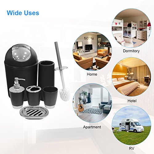 Black Bathroom Accessories Set 6 Pieces Plastic Bathroom Accessories Toothbrush Holder, Rinse Cup, Soap Dish, Hand Sanitizer Bottle, Waste Bin, Toilet Brush with Holder - Thumbnail 6