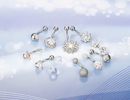 Milacolato 10PCS Stainless Steel Belly Button Rings for Womens Girls Navel Rings Barbell Dangle Acrylic CZ Body Piercing Jewelry AB