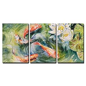 Koi Pond and Lotus Flowers - Canvas Art Wall Art - 16"x24"x3 Panels