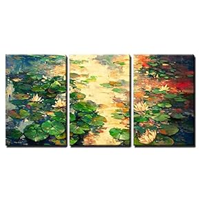 3 Piece Canvas Wall Art - The Oil Painting of Lotus Pool - Modern Home Art Stretched and Framed Ready to Hang - 16"x24"x3 Panels