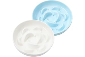 PTOBER Cat Slow Feeder Bowl Set - 2 Pcs Ceramic Cat Food Plates for Slow Eating - Double Cat Dish for Dry Wet Food - Slow Feeding Cat Bowls Whisker Friendly - Microwave and Dishwasher Safe - White and Blue