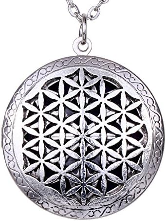 Aroma Locket Essential Oil Diffuser Antique Silver Peace OM Celtics Knots Flower Of Life Pendant Necklace + Bohemia Style Gift Pouch (XSH-534)