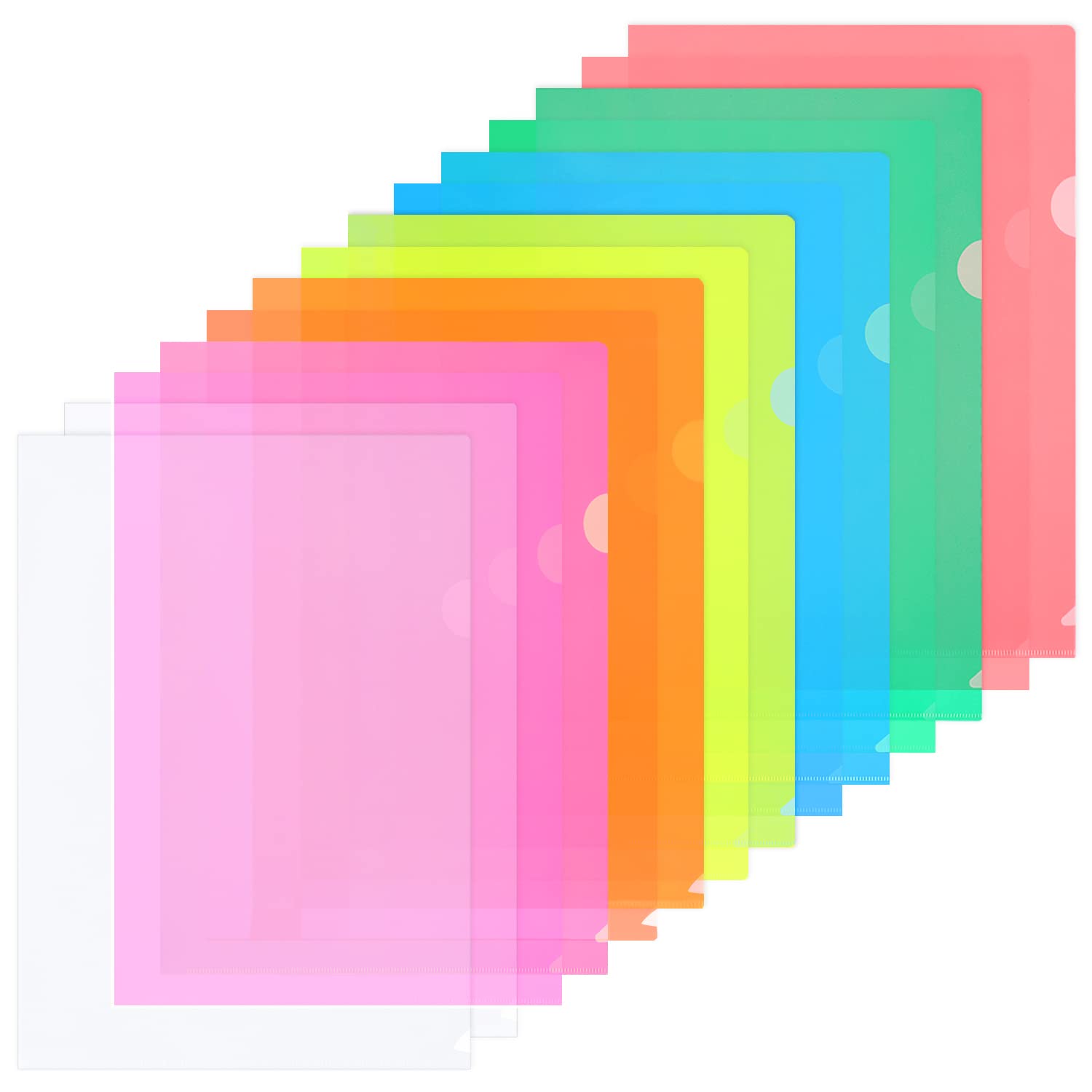 ZCZN A4 Plastic Folders, 14pcs Plastic Sleeves A4 Cut Flush Folders Open Top & Side, Bright Transparent Assorted Colours, Pack of 14