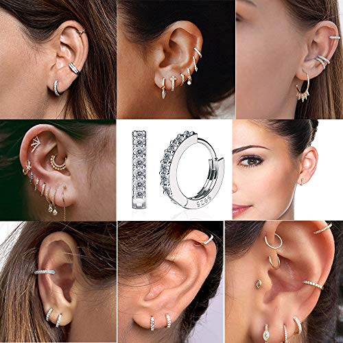 925 Sterling Silver Small Hoop Earrings Cubic Zirconia cartilage, Cubic Zirconia Cuff Earrings Huggie Stud, Gold Plated Huggie Earrings for Women Hypoallergenic (Simple-Silver)