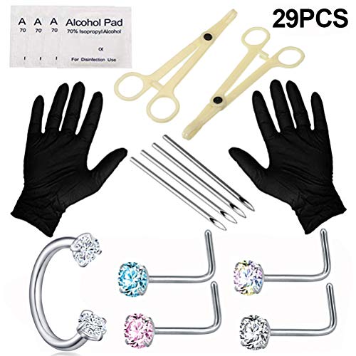 Piercing Kit - Combofix 29Pcs Professional Nose Piercing Kit Surgical Steel 20G 18G Piercing Needles Piercing Clamps Gloves for Nose Rings Studs Body Piercing Jewelry Set