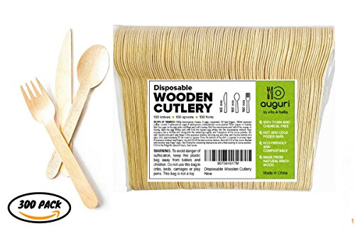 Disposable Wooden Cutlery by Auguri – Eco-Friendly, Biodegradable and Compostable Tableware - Green alternative to plastic flatware and metal utensils -100 Spoons,100 Knives and 100 Forks-300 Pack