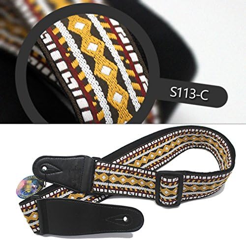 Thick Wide Guitar Strap Jacquard Embroidery with Leather Ends Adjustable Strap for Acoustic Guitar Electric Bass Yellow