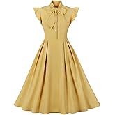 1950s Dresses for Women Vintage Rockabilly Retro Short Sleeve Tie Midi Dress Cocktail Party Evening Prom Gown