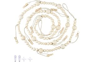LJY&V 6.46Ft Wooden Beaded Garland with 10 Clothespins Photo Garland Hanging Photo Display Office Nursery Room Banner Decor Christmas Cards Family Holiday Clips Boho Decorations Mother's Day Gifts