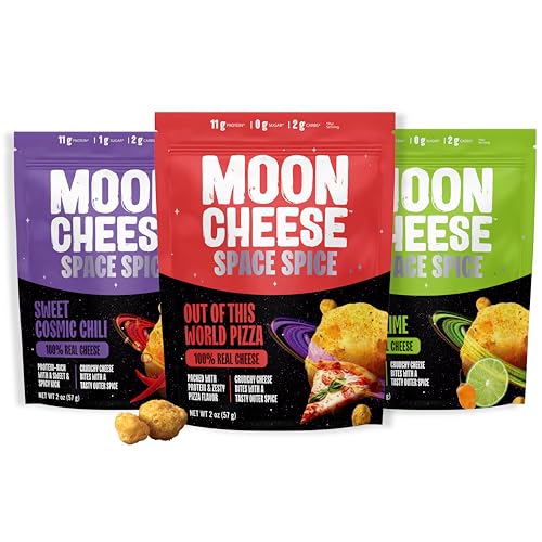 Moon Cheese Space Spice, Variety Pack, Crunchy, Protein-Rich Cheese Snack, Keto Friendly, 100% Real Cheese, Low Carb, Gluten-Free, Low Sugar, 2 Oz bags (Pack of 3, 1 of Each Flavor)