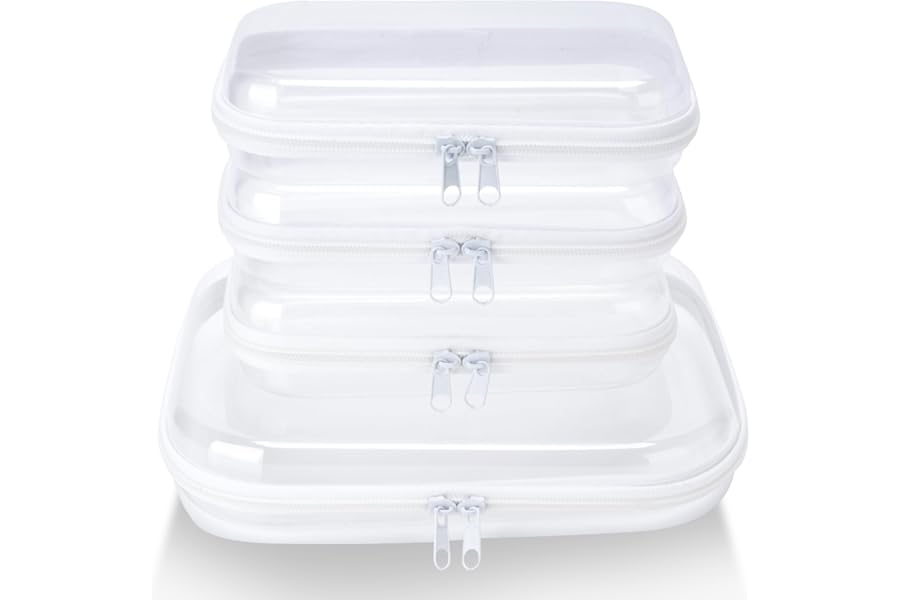 WELPIRT 4 pcs Clear Zipper Pouches,Hard Shell Zipper Case, Toiletry Bag for Travel, CLear Diaper Bag, Toiletry Pouch, Travel Organizer, Clear Cosmetic Bag,Toy Storage Bins (M+3S)