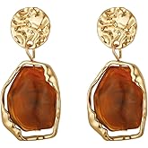 Dr's gift Brown Crystal 14K Gold Plated Statement Earrings for Women Drop Dangle Chunky 14K Gold Plated Earrings with Irregular Brown Stone Trendy Vintage Jewelry