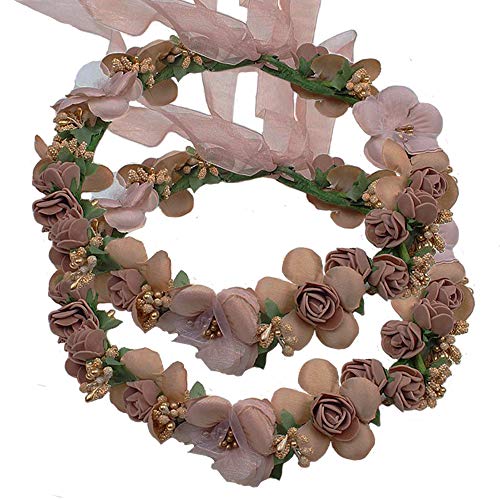 Flower Crown Headband Wreath Garland Hair Bands Floral Wedding Bridal Hair Hoop Women Leaf Ribbon Party Decoration Headdress Headwear Christmas Handmade Headpiece Hair Accessories 2 Pack Coffee - Thumbnail 7