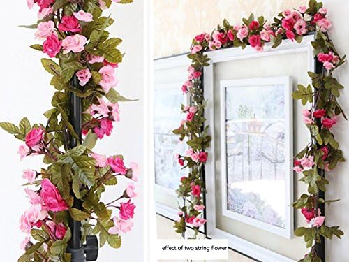 Otamise 2Pcs Artificial Fake Wisteria Vine Ratta Hanging Garland String Home Party Wedding Decor Silk Flowers (2, Rose red+Light pink)