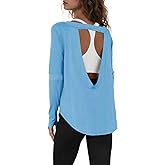 Tankaneo Womens Open Back Workout Shirts Casual Long Sleeve Boat Neck Tops Athletic Gym Yoga Tees with Thumb Holes