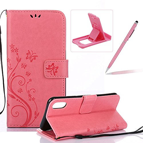 Wallet Leather Case for iPhone X,Book Style Pu Leather Case for iPhone X,Herzzer Retro Light Pink Butterfly Flower Pattern Flip Fold Pouch Case with Card Holders Stand Magnetic Case