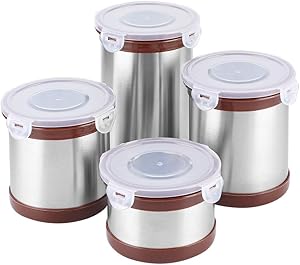 Kitchen Canister Set, Set of 4 Stainless Steel Airtight Canisters with Lid and Locking Clamp Food Storage Container Decorative Coffee, Sugar, Tea, Storage Containers for Kitchen Counter