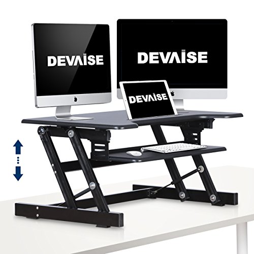 Standing Desk - DEVAISE Height Adjustable Desk Converter with Ipad Slot- Size 32in x 21in Instantly Convert any Desk to a Sit / Stand up Desk (Black)