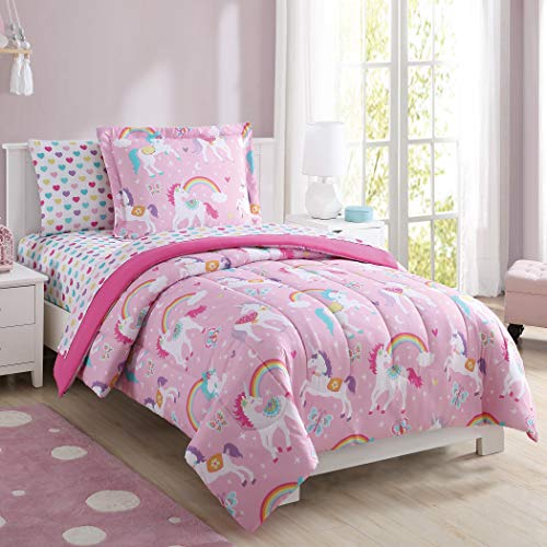 5 Piece Kids Girls Light Pink Rainbows Unicorn Comforter Twin Set, Colorful Clouds Beautiful Cute Butterflies Bedding Hearts Stars Moon Enchanted Yellow Green White Purple Teal, Polyester Microfiber