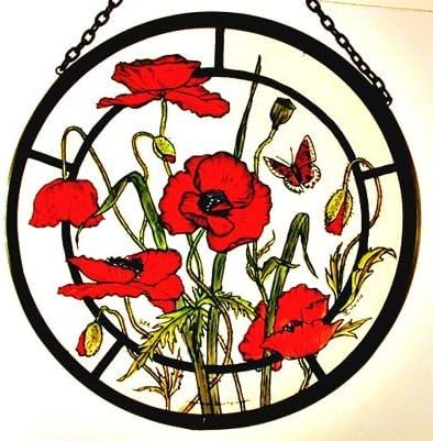 Winged Heart Decorative Hand Printed Stained Glass Window Sun Catcher/Roundel in a Meadow Poppies Design.