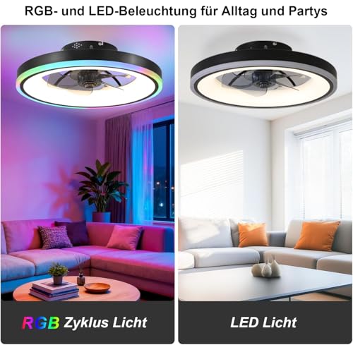TYJY RGB Modern Silent Ceiling Fan with Light, 60 W Dimmable LED (3000 K-6500 K) RGB Ceiling Fans with Remote Control APP, Timer, 6 Speed, for Living Room, Bedroom, Black