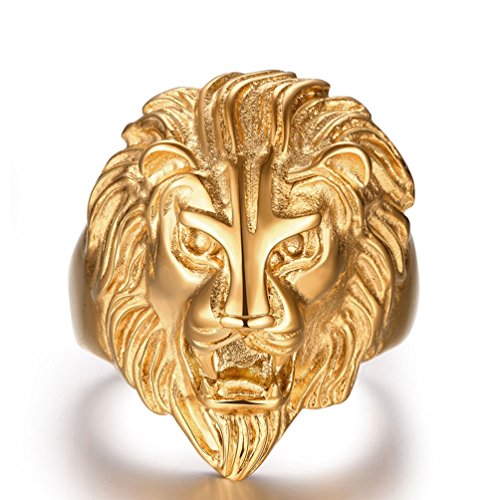 Men's Vintage 316L Stainless Steel Gold Lion Head Rings Gold Heavy Metal Rock Punk Style Gothic Biker Ring Size 10