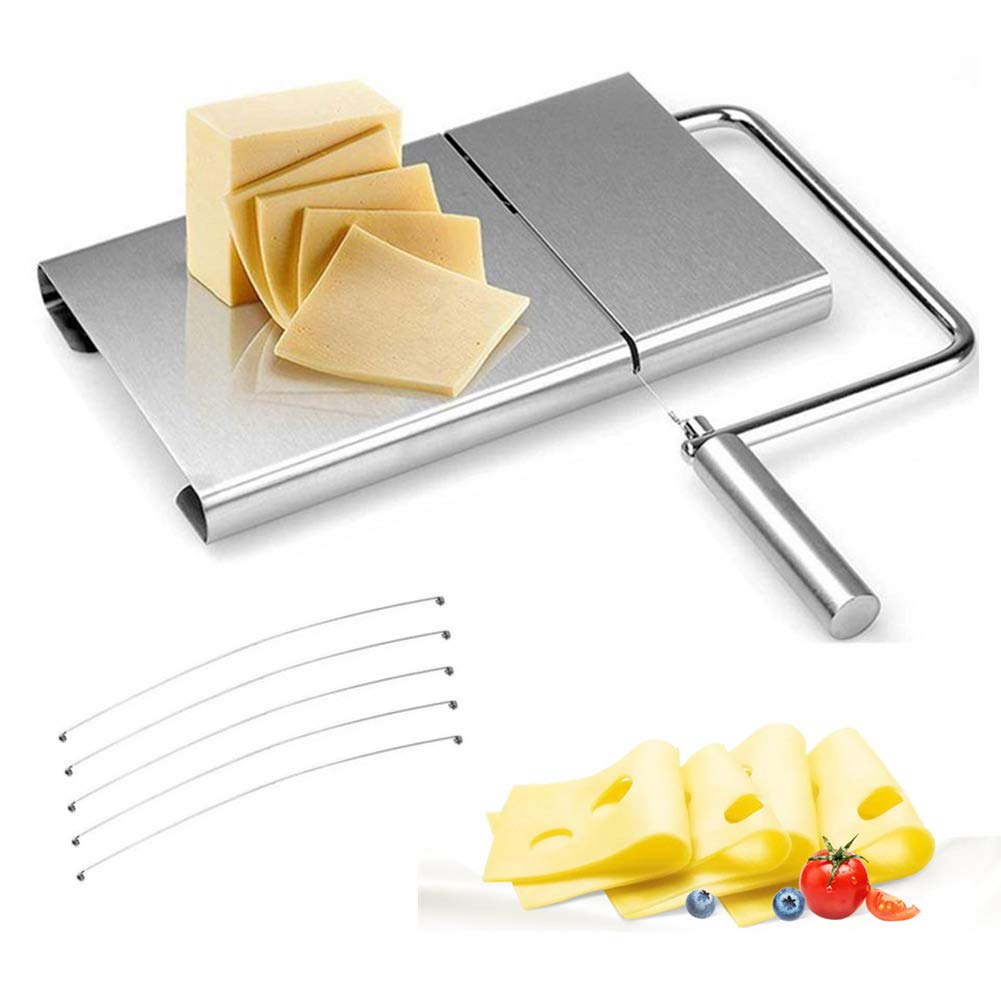 Stainless Steel Wire Cheese Slicer: Cheese Cutter with Board and 5 Replacement Wires - for Semi Hard Cheese Butter Sausage