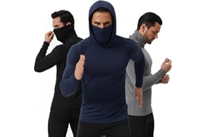 GENERIC 3-Pack Men's Compression Hoodie with Mask - Long Sleeve Winter Base Layer & Running Shirt - Sun Protection Fishing Gear