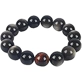 Natural Obsidian Bracelet For Men 10MM | Adjustable Stone Beaded Bracelet | Handmade Obsidian Stretch Elastic Bracelet for Men Women Gifts | with a Tiger Eye Stone | Black and Silver 7.5"