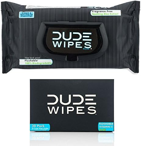 Dude Wipes Flushable, Unscented with Vitamin-E & Aloe, 100% Biodegradable Single Wipes for Travel (30 Count Individually Wrapped) & Dispenser Pack (48 Count)