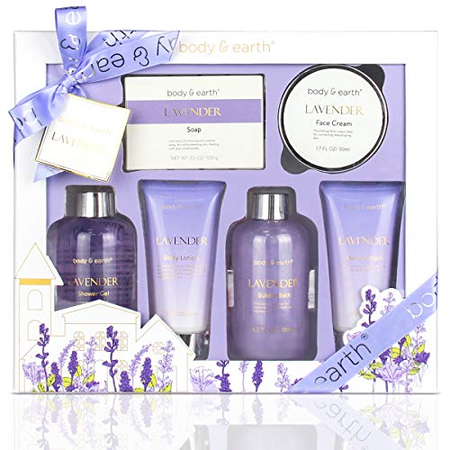 Bath and Body Gift Set – Luxurious 6 Pcs Bath Kit for Women, Body & Earth Spa Set with Lavender Scent – Bubble Bath, Shower Gel, Hand & Face Cream, Body Lotion, Hand Soap, Perfect Gift Box for Women