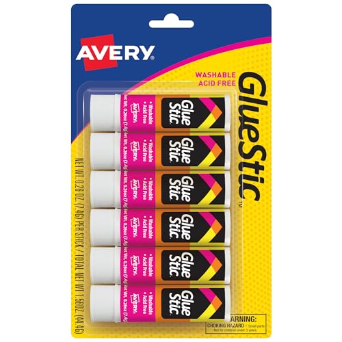 Avery Glue Stick White, Washable, 0.26 oz. Permanent Glue Stic, 6pk (98095)