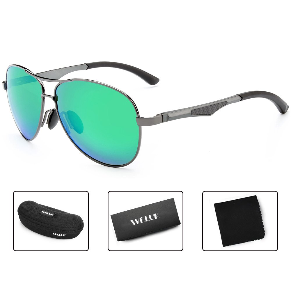 WELUK Aviator Sunglasses for Men Polarized Military Mirrored Pilot Retro Glasses (Grey & Green, 62)