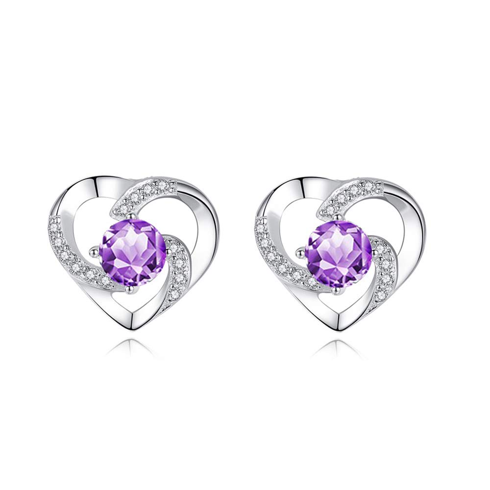 wynn's Silver Stud Earrings for Women, 925 Sterling Silver Heart Studs Earrings,13mm Stud Earring with Purple Cubic Zirconia,Hypoallergenic Small Slepper Studs