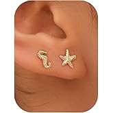 BSGRL Stud Earrings for Women: Danty Tiny Starfish Turtle Shell Seahorse Octopus Nautilus Cicada Stud Ear Stack Earrings Set 14k Gold/White Gold Plated