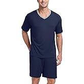 PrinStory Men's Pajama Set Sleepwear Pjs Lightweight Quick Dry Short Sleeve V-Neck Shirts and Shorts Soft Comfy Sleep Sets