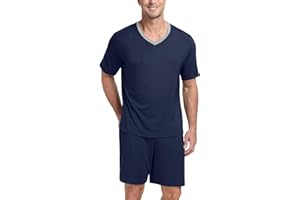 PrinStory Men's Pajama Set Sleepwear Pjs Lightweight Quick Dry Short Sleeve V-Neck Shirts and Shorts Soft Comfy Sleep Sets