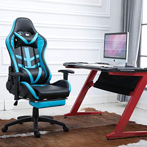Samincom High Back Large Size PU Leather Gaming Chair Racing Style Chair Office Chair Executive and Ergonomic Style Swivel Chair with Extra Soft Headrest & Lumbar Cushion & Footrest (Black/Lake Blue) - Thumbnail 6