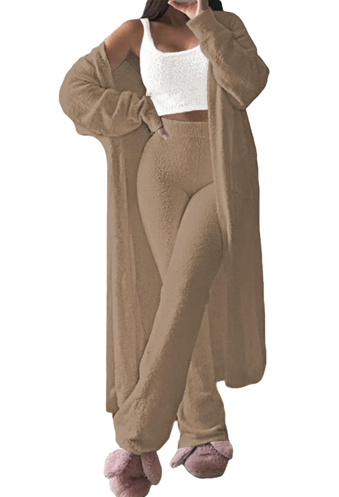 Photo 1 of Fixmatti Women 3 Piece Fleece Outfits Cropped Top Matching Wide Leg Pant Robe Fuzzy Pajama Suit Travel Set Coffee L