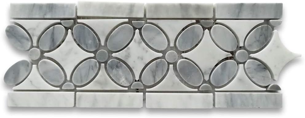 Stone Center Online Carrara White Marble Flower Mosaic Border Listello Tile w/Bardiglio Gray Polished Kitchen Bath Wall Floor Backsplash Shower (1 Sheet)